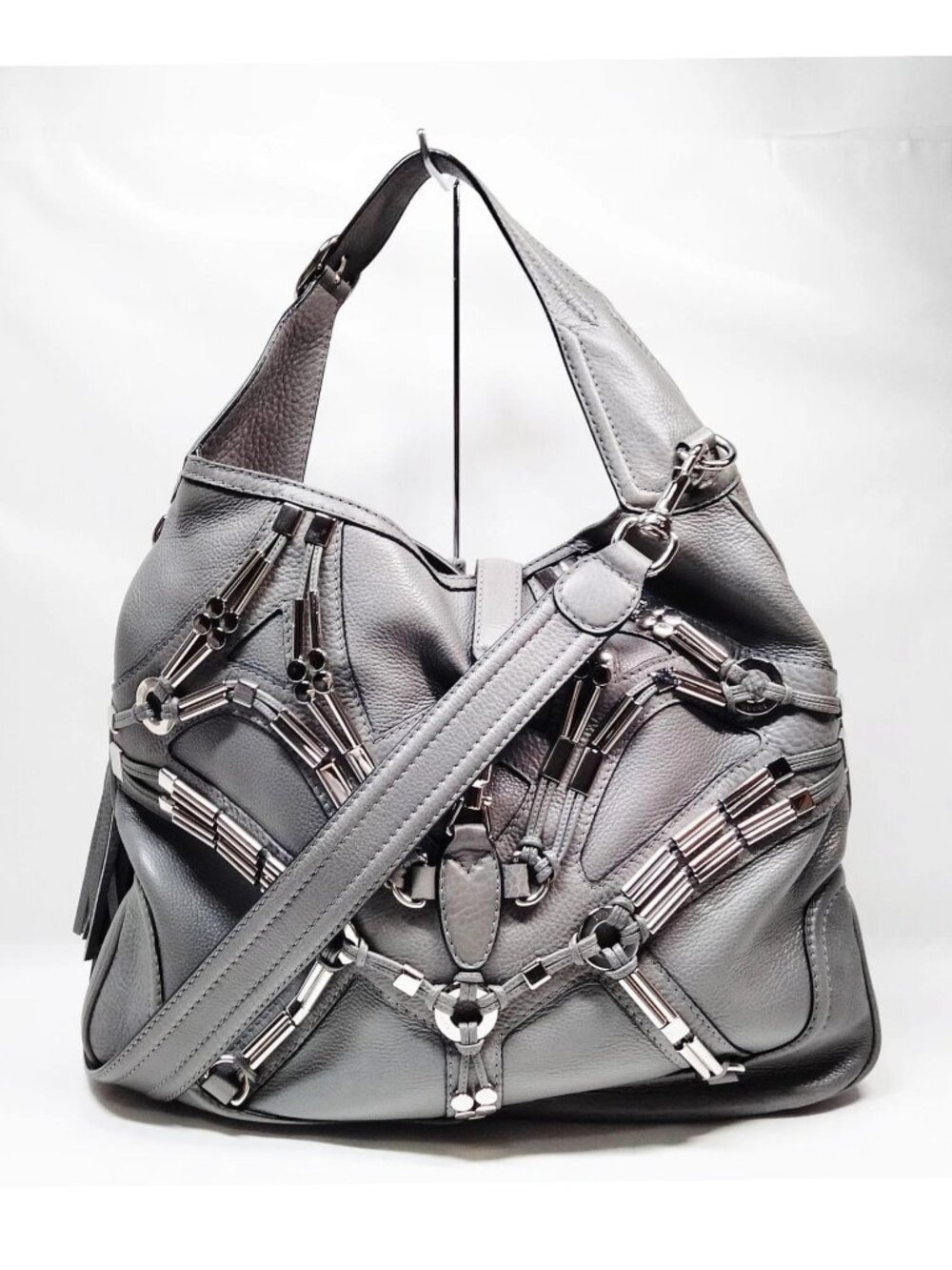 Authentic Gucci Babouska Indy Large Gray Leather Hobo Shoulder Crossbody Bag